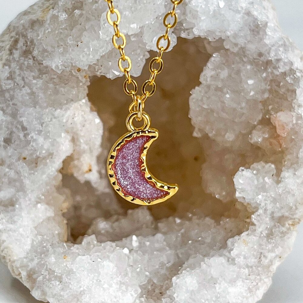 3/$20 14k Gold Violet Glitter Resin Moon Charm Handmade Pendant Necklace